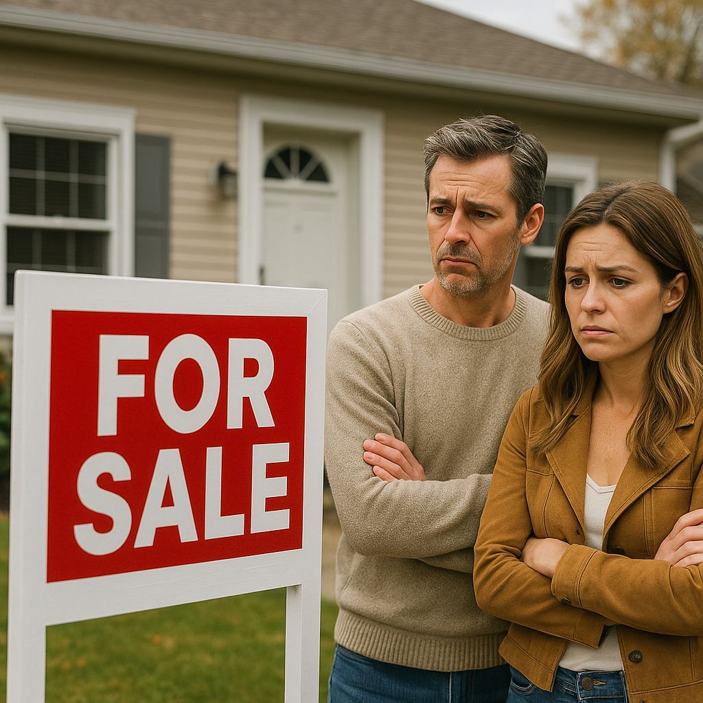 Couple looking at a house for sale sign, unsure about calling the listing agent”